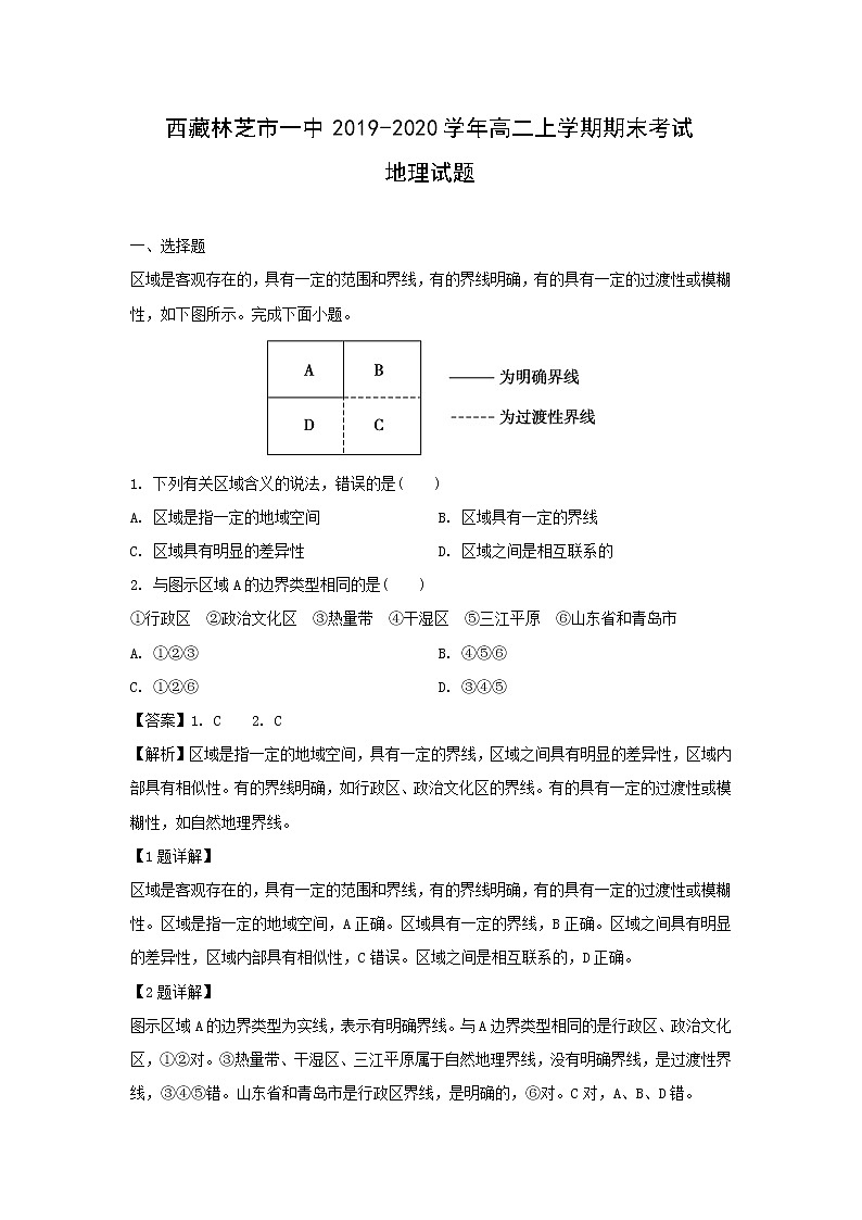 【地理】西藏林芝市一中2019-2020学年高二上学期期末考试试题（解析版）01