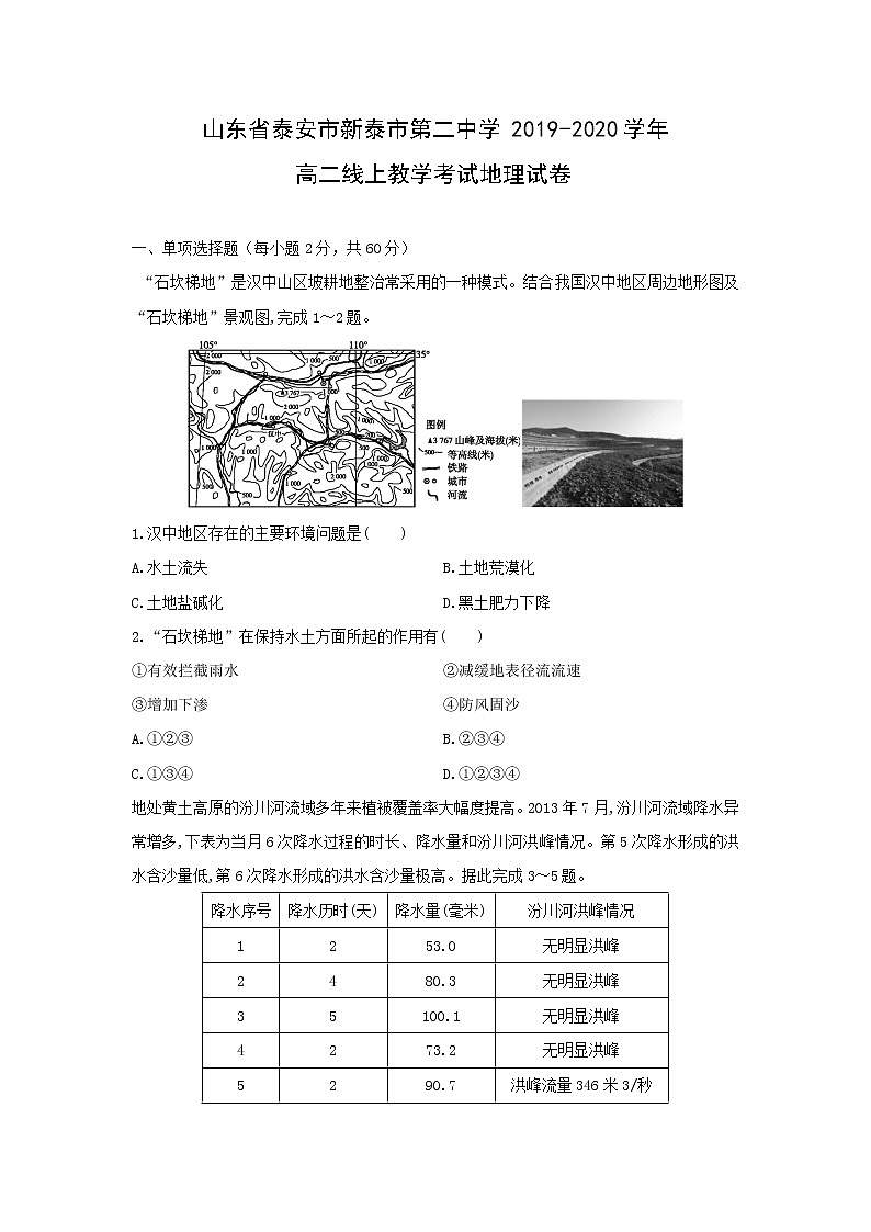 【地理】山东省泰安市新泰市第二中学2019-2020学年高二线上教学考试试卷01