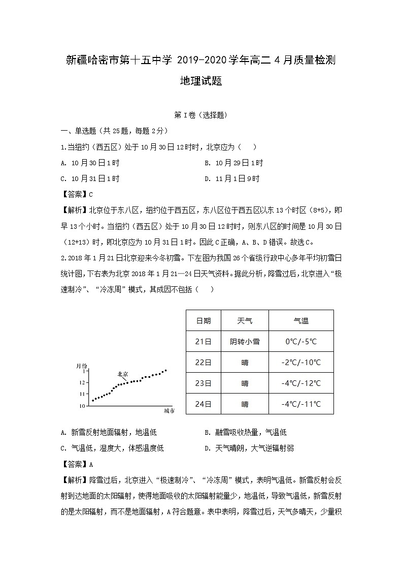 【地理】新疆哈密市第十五中学2019-2020学年高二4月质量检测试题（解析版）第1页