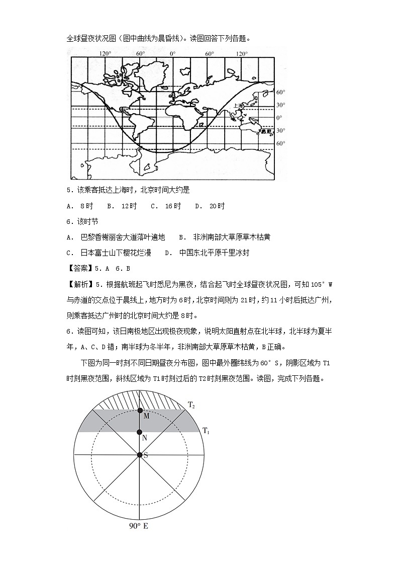 2019届 二轮复习艺术生文化课备考练案：专题一 宇宙中的地球 第三讲 地球的自转及其地理意义  作业 （全国通用） Word版含解析02