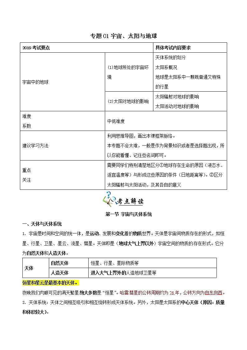2019届 二轮复习专题01 宇宙、太阳与地球-决胜2019年高考地理二轮夯基解题王（夯基手册）作业（全国通用） Word版含解析01