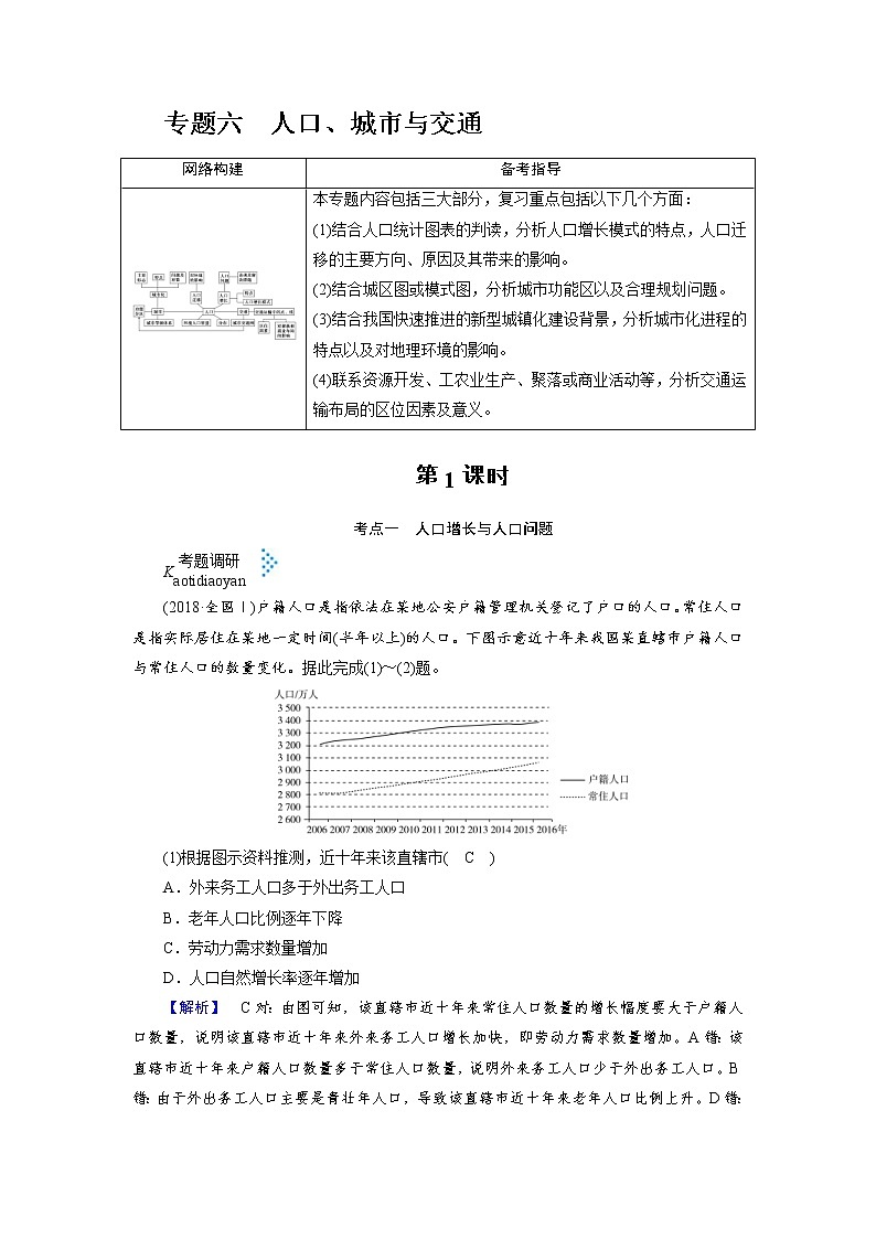 2019届大二轮复习精品文档：专题六 人口、城市与交通 作业（全国通用） Word版含答案01
