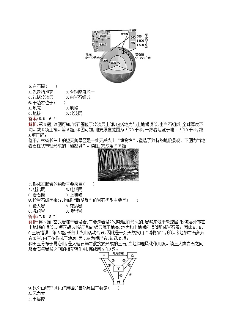 2019届二轮复习考点强化练9地球的结构及地壳的物质组成和物质循环 作业（浙江选考I）Word版含解析02