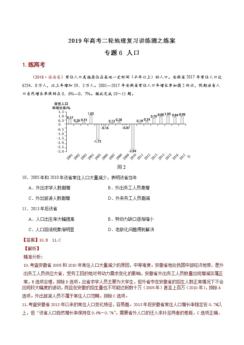 2019届  二轮复习 专题06 人口（练）-2019年高考地理二轮复习讲练测（全国通用0 Word版含解析第1页