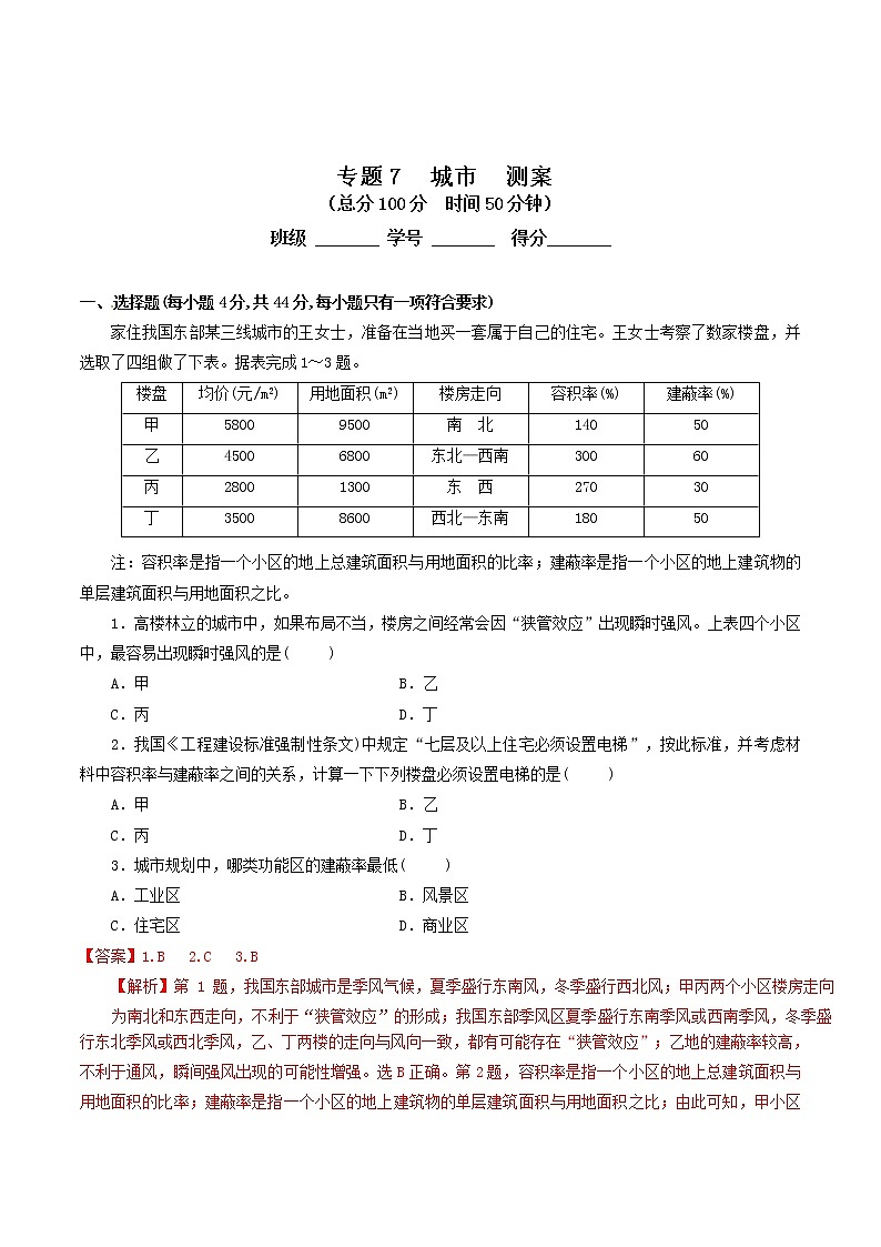 2019届 二轮复习   专题07 城市（测）-2019年高考地理二轮复习讲练测（全国通用） Word版含解析第1页