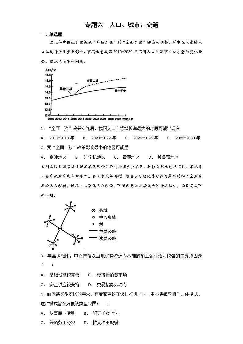 2019届 二轮 复习 ：专题六  人口、城市、交通 作业 （全国通用）  Word版含解析01