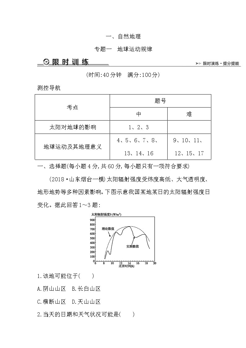 2019届 二轮复习  2019版《导与练》总复习：专题一　地球运动规律  作业 （全国通用）Word版含解析01