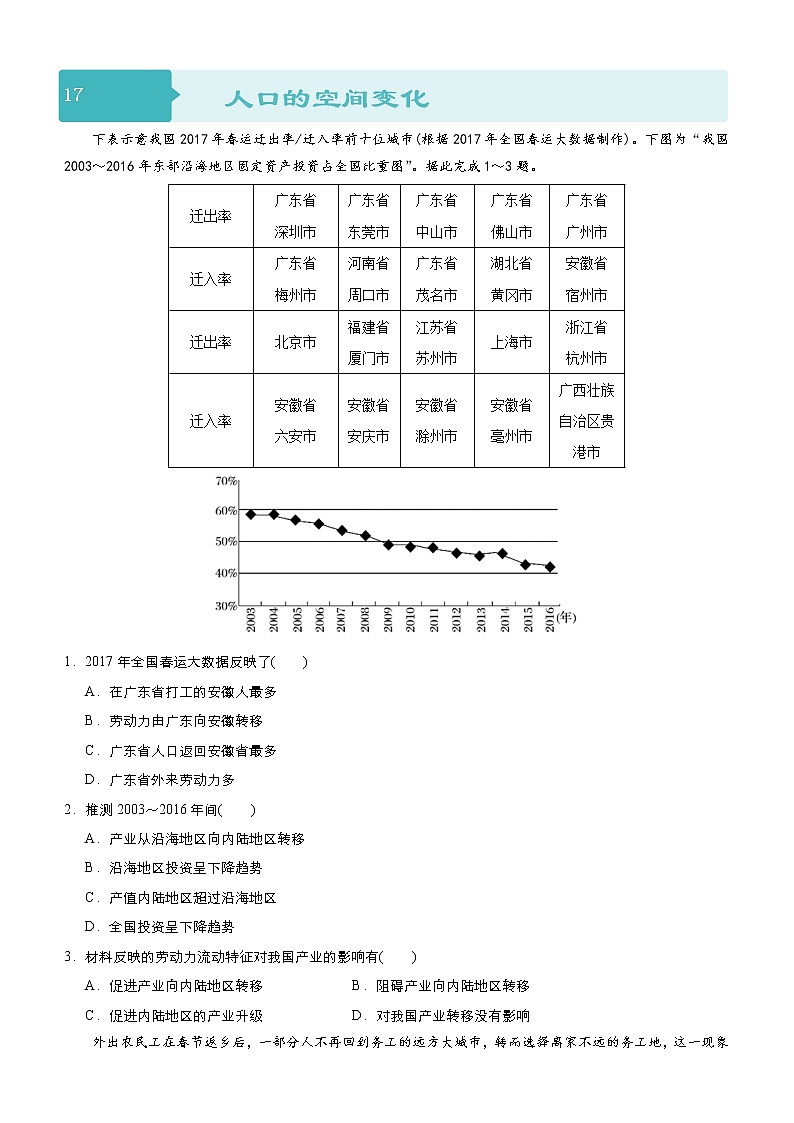 2019届 二轮复习 小题狂做专练 17 人口的空间变化作业 （全国通用） Word版含解析01