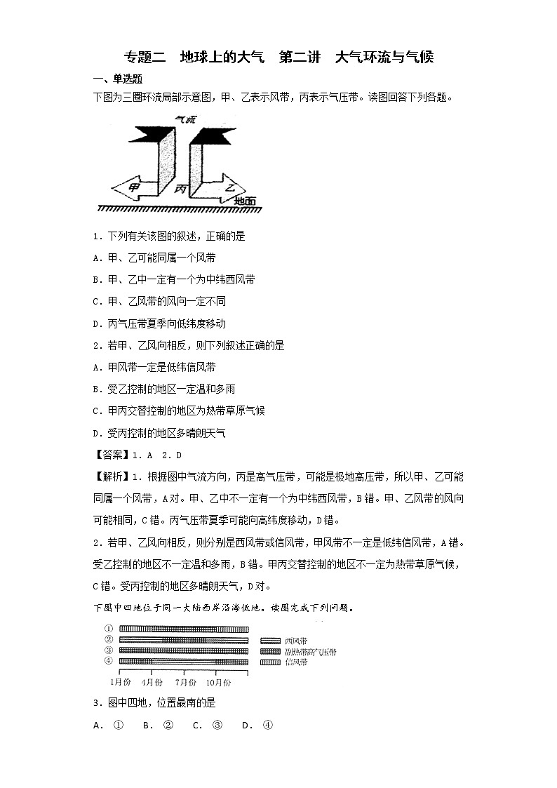 2019届  二轮复习 艺术生文化课备考练案：专题二  地球上的大气  第二讲  大气环流与气候  作业 Word版含解析01