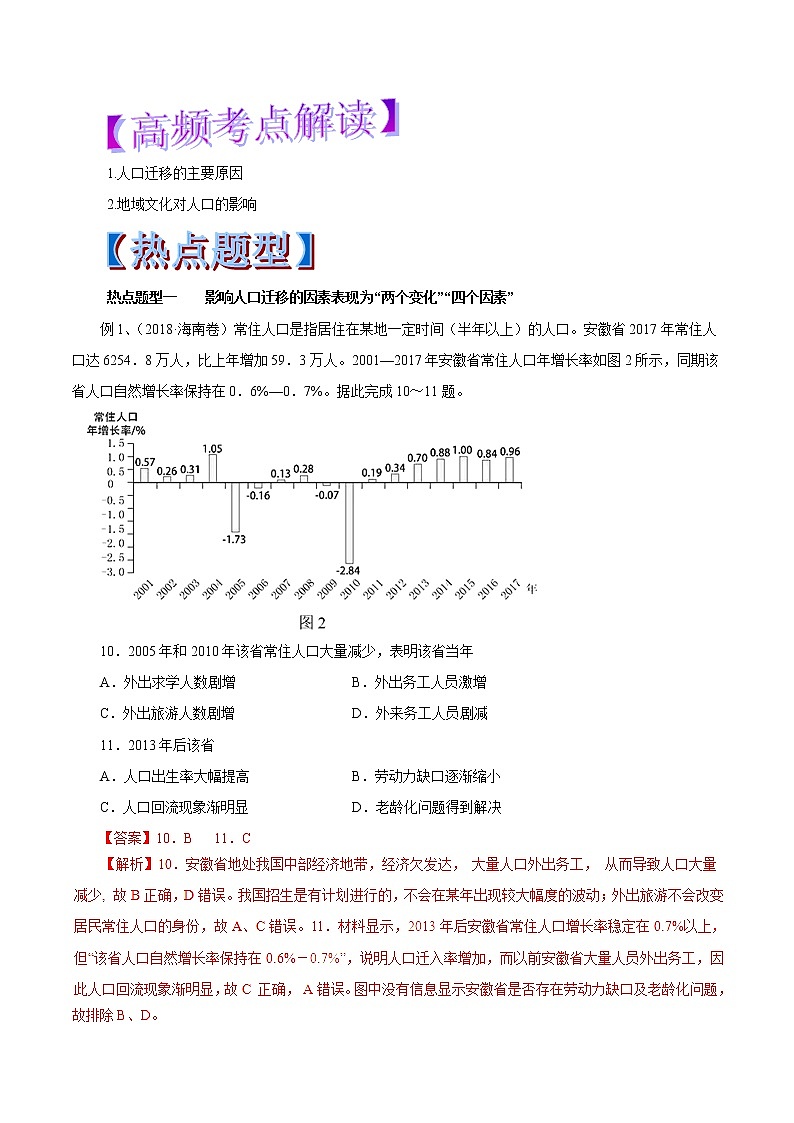 2019届 二轮复习 专题19 人口的空间变化-2019年高考地理热点题型和提分秘籍（教学案）（全国通用） Word版含解析01