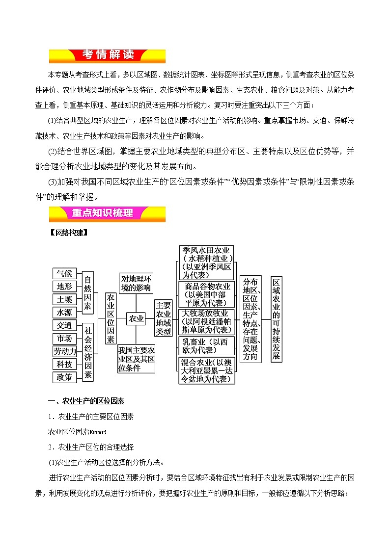 2019届  二轮复习  专题10 农业生产活动（教学案）（全国通用） Word版含解析01