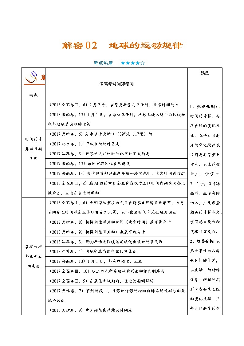 2019届  二轮复习  解密02 地球的运动规律-备战2019年高考地理之高频考点解密  学案  Word版含解析01