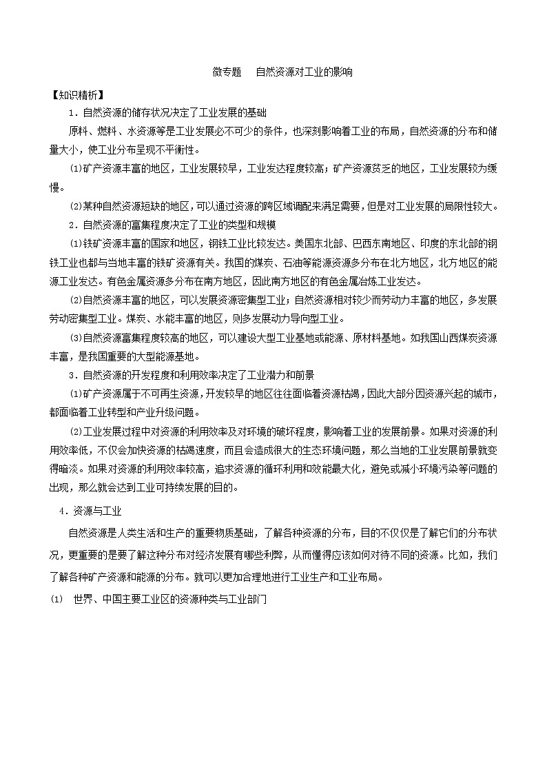 2019届  二轮复习 微专题9.2 自然资源对工业的影响学案 （全国通用） Word版含解析01