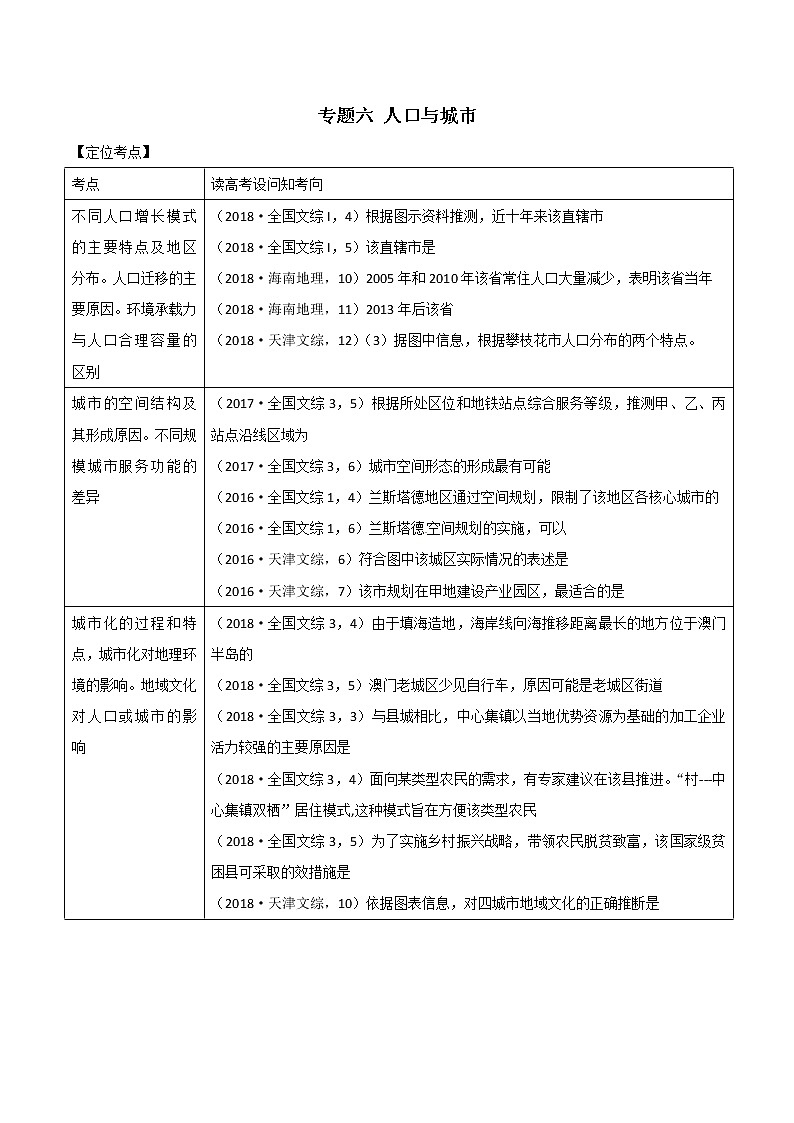 2019届  二轮复习 专题06 人口与城市 学案 （全国通用）  Word版含解析01