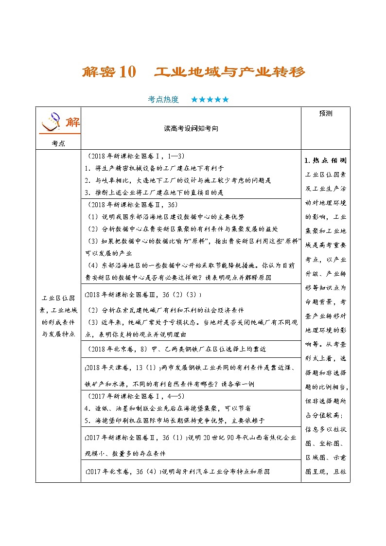 2019届   二轮复习 解密10 工业地域与产业转移-备战2019年高考地理之高频考点解密学案(全国通用 ) Word版含解析01