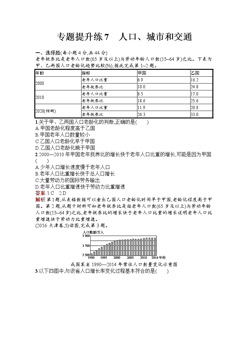2020届 高考地理二轮专题提升练7　人口、城市和交通 课标通用Word版含解析01