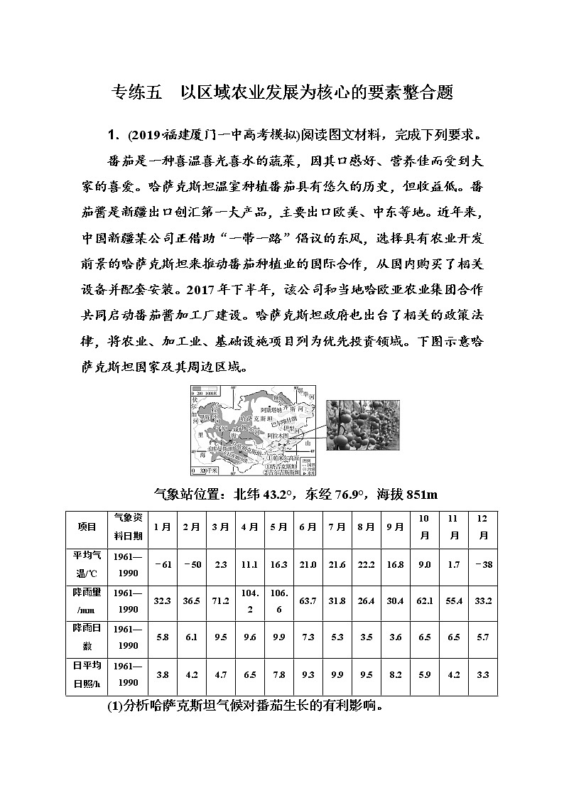 2020届  通用版 二轮专题复习与测试：高考非选择题专练 专练五　以区域农业发展为核心的要素整合题  作业 Word版含解析01