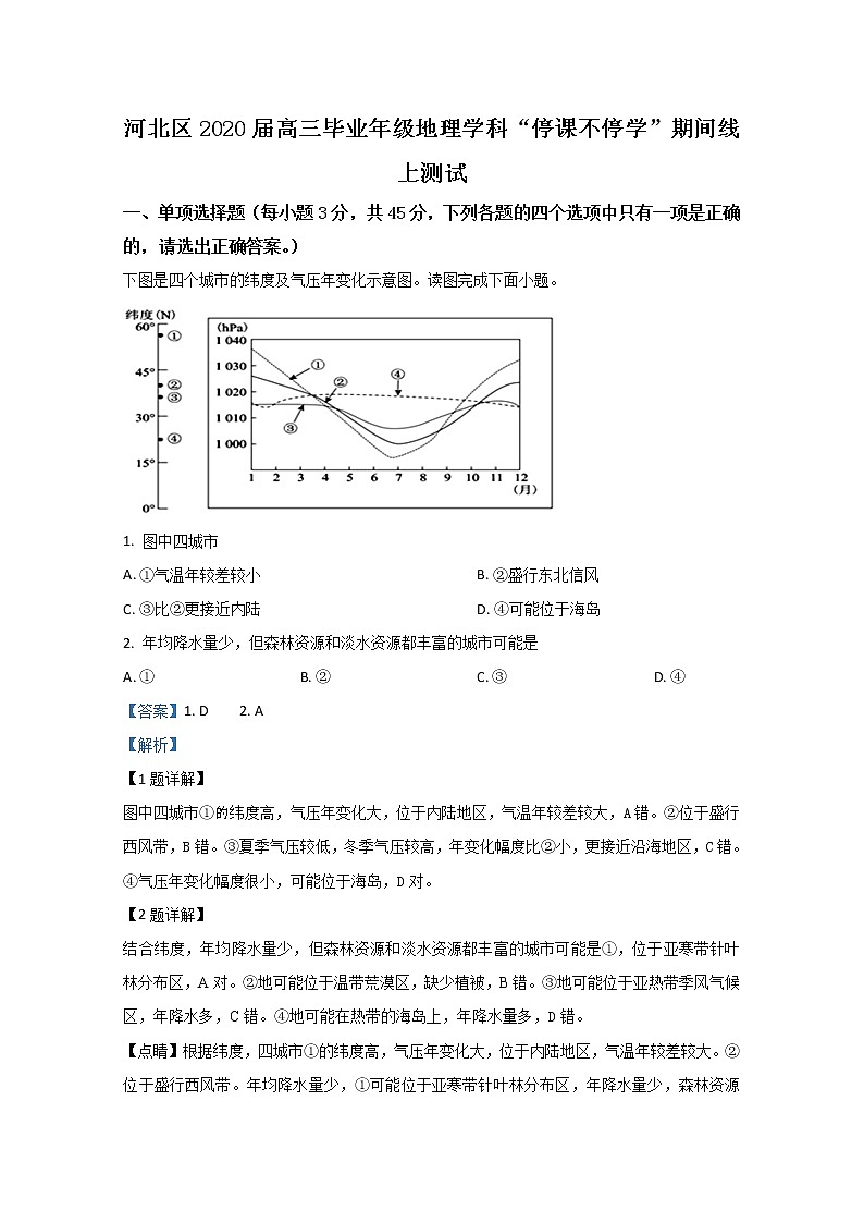 天津市河北区2020届高三期间线上测试地理试题01
