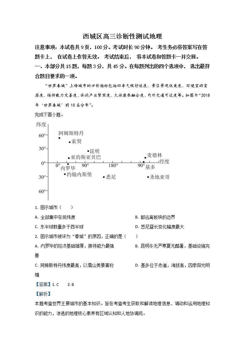 北京市西城区2020届高三高考二模地理试题01