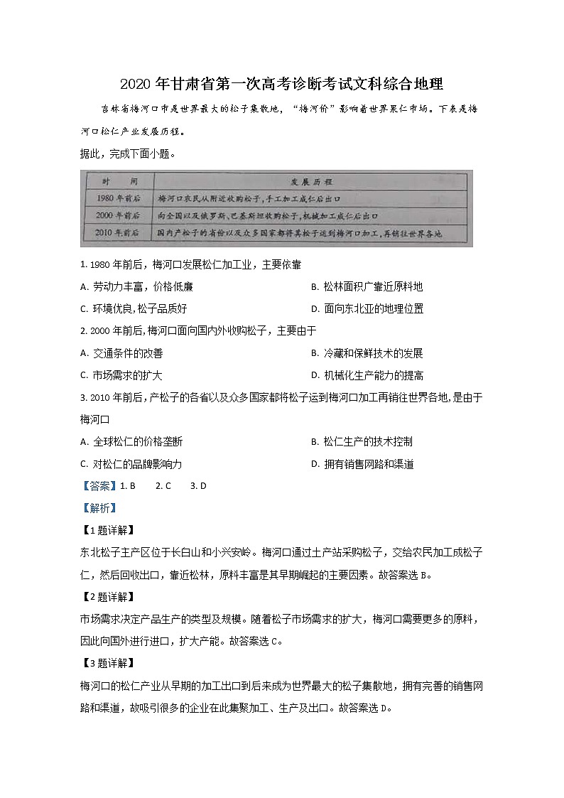 甘肃省2020届高三第一次高考诊断考试地理试题01