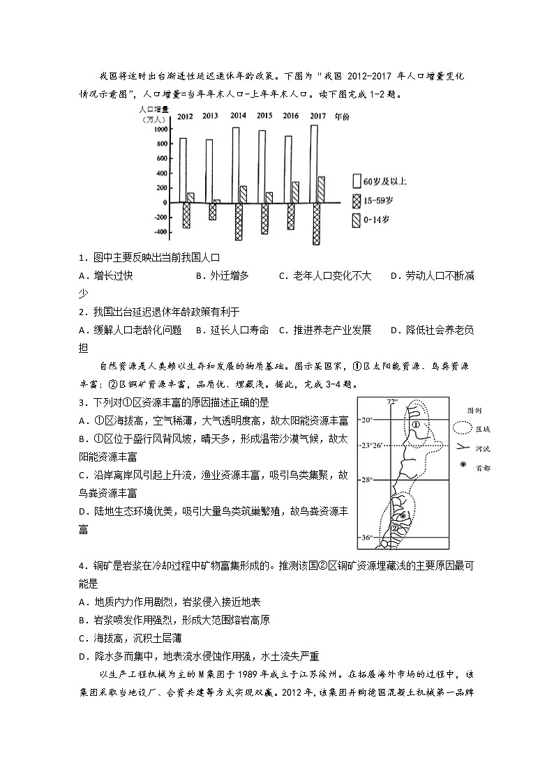 黑龙江省大庆实验中学2020届高三综合训练（四）文综-地理试题01