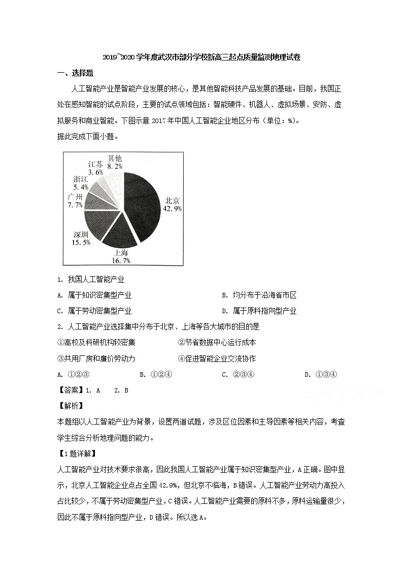 湖北省武汉市部分学校2020届高三起点质量监测地理试题01