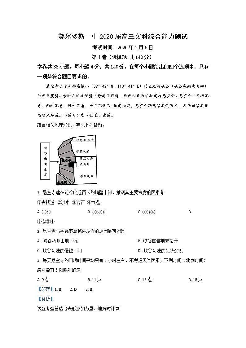 内蒙古鄂尔多斯市第一中学2020届高三第四次调研考试地理试题第1页