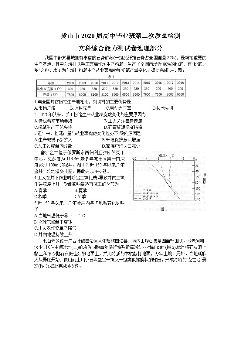 安徽省黄山市2020届高三下学期质量检测文科综合地理试题01