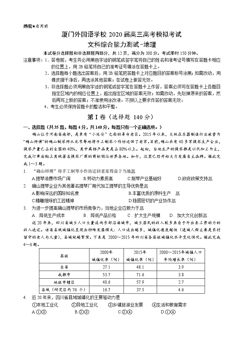 福建省厦门外国语学校2020届高三下学期高考最后一次模拟文综-地理试题01