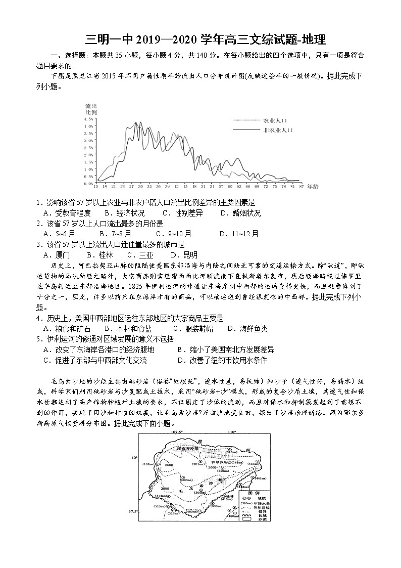 福建省三明第一中学2020届高三下学期检测二文科综合-地理试题01