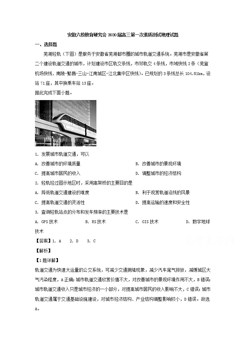 安徽省六校教育研究会2020届高三上学期第一次素质测试地理试题第1页