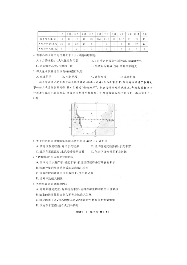 安徽省桐城中学2020届高三上学期分科检测地理02