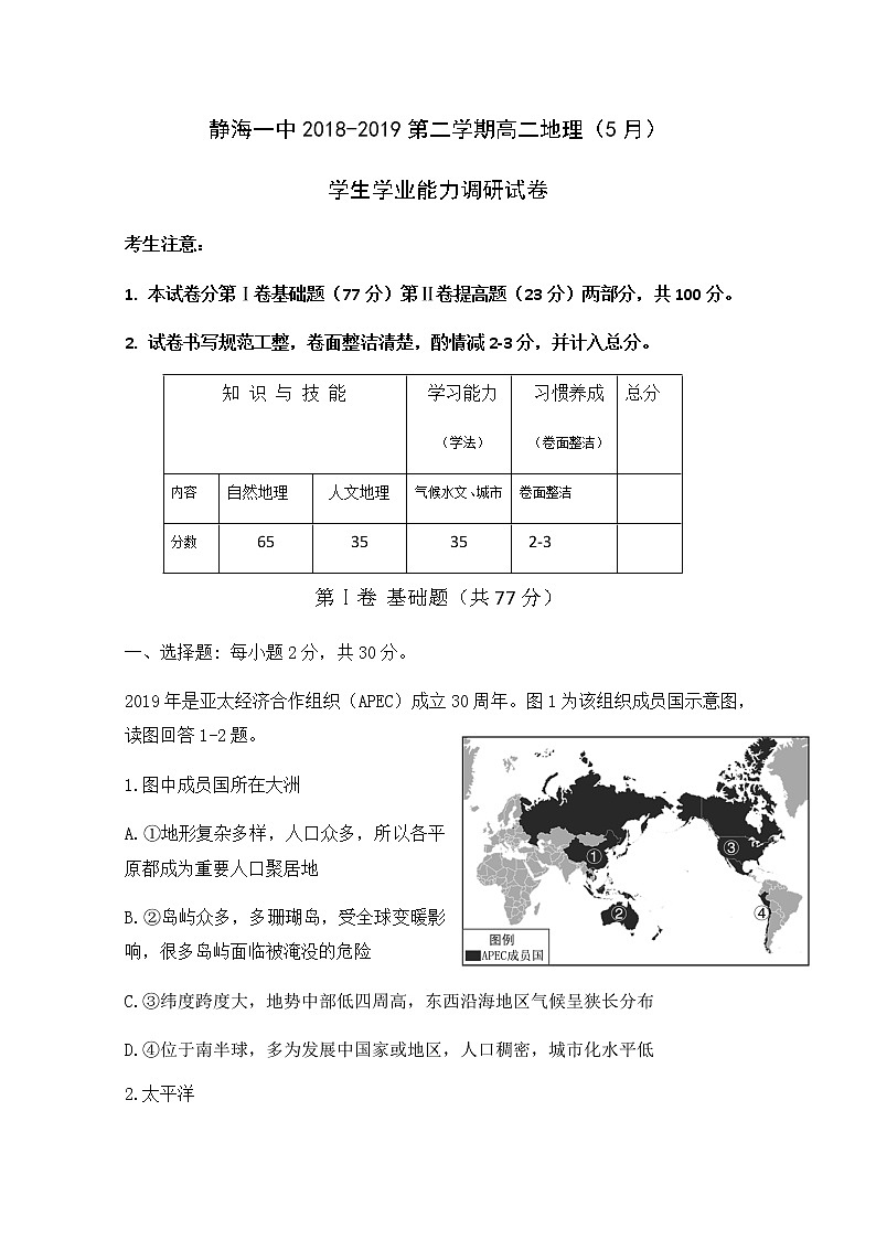 2018-2019学年天津市静海县第一中学高二5月月考地理试题 Word版第1页