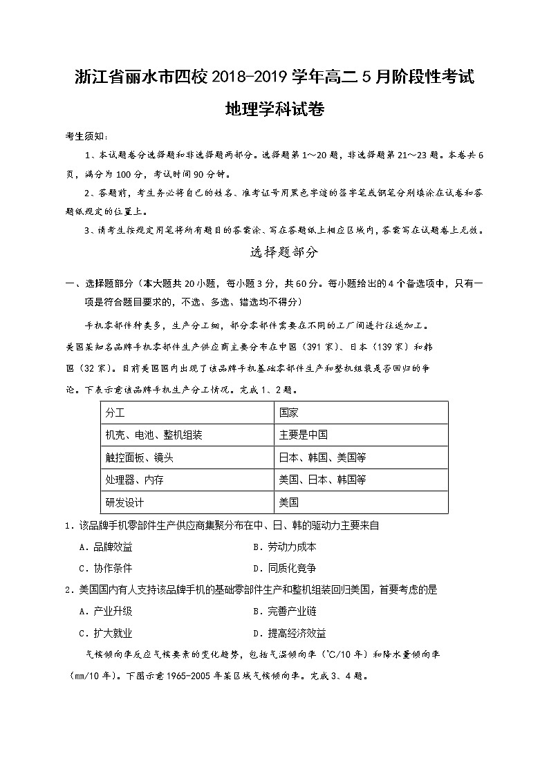 2018-2019学年浙江省丽水市四校高二5月阶段性考试地理试题（Word版）01