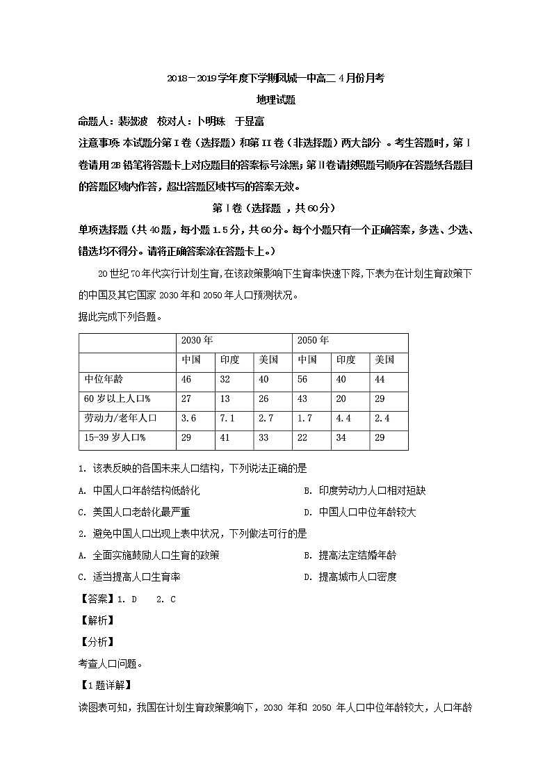 2018-2019学年辽宁省凤城市第一中学高二下学期4月月考地理试题 解析版第1页