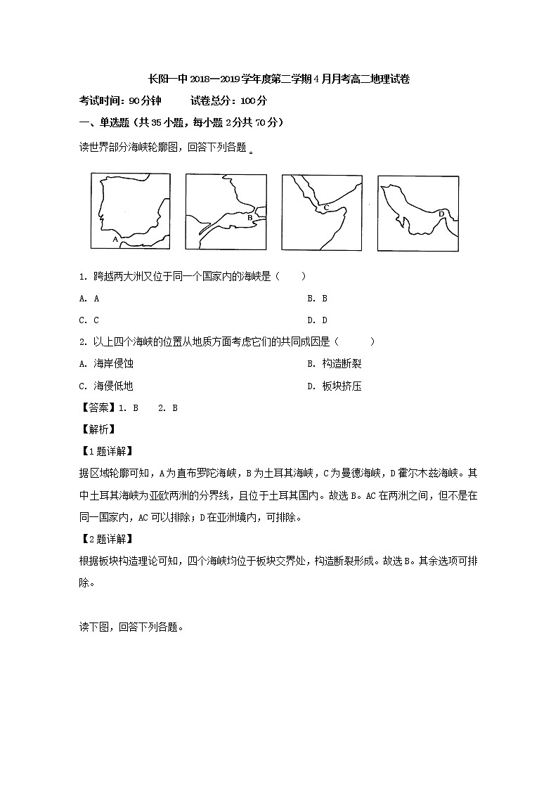 2018-2019学年湖北省长阳县第一高级中学高二4月月考地理试题 解析版01