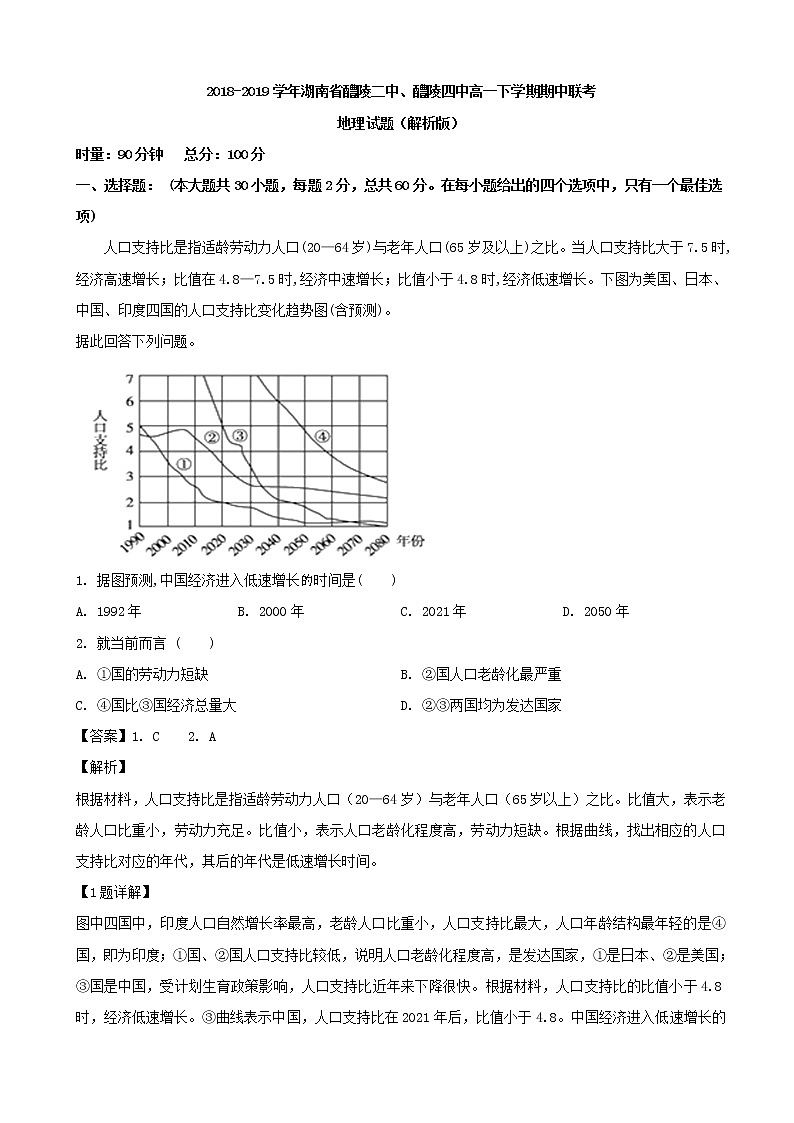 2018-2019学年湖南省醴陵二中、醴陵四中高一下学期期中联考地理试题（解析版）01