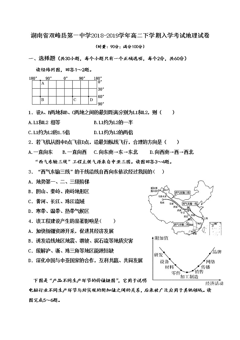 2018-2019学年湖南省双峰一中高二下学期入学考试地理试题（Word版）01