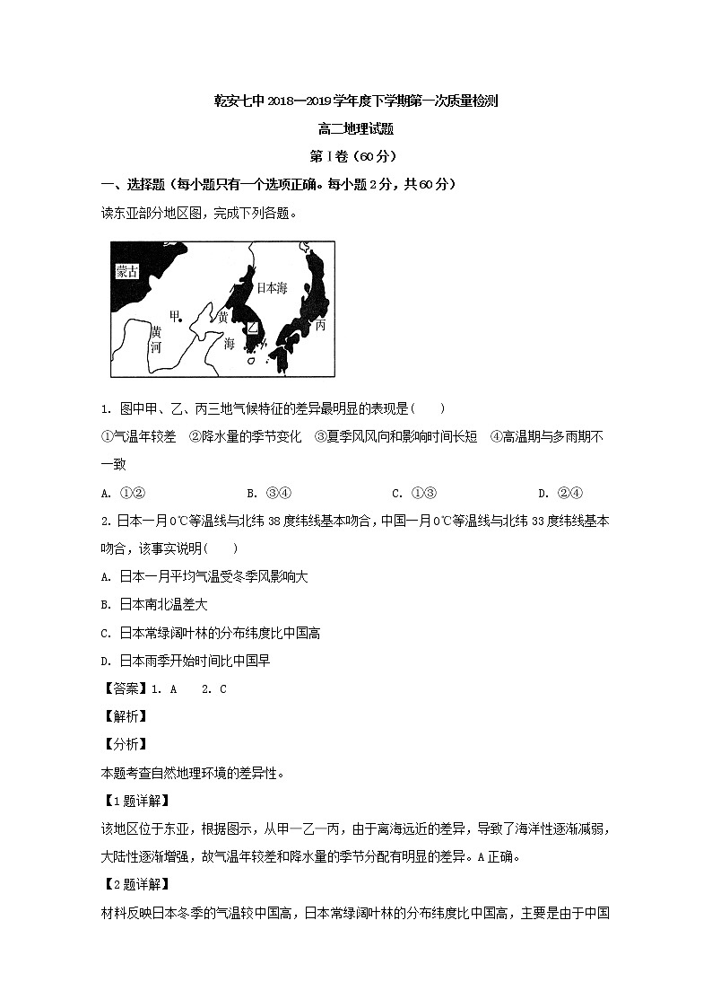 2018-2019学年吉林省乾安县第七中学高二下学期第一次质量检测地理试题 解析版01