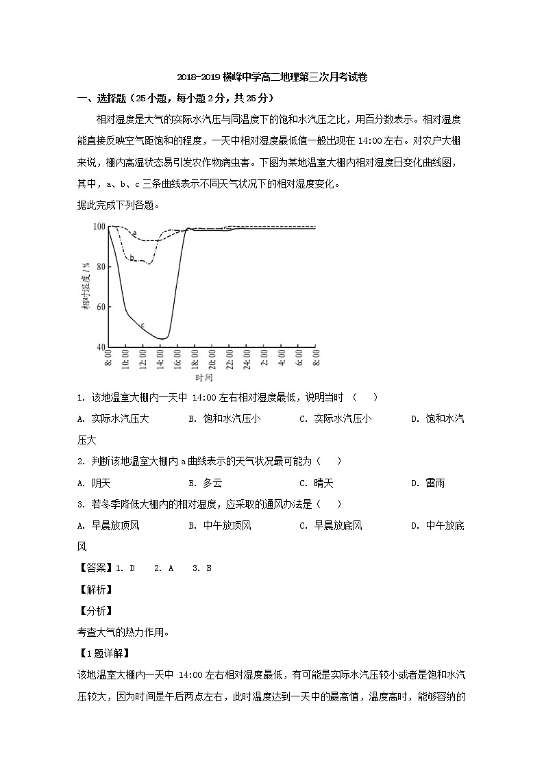 2018-2019学年江西省上饶市横峰中学高二下学期第三次月考地理试题 解析版01