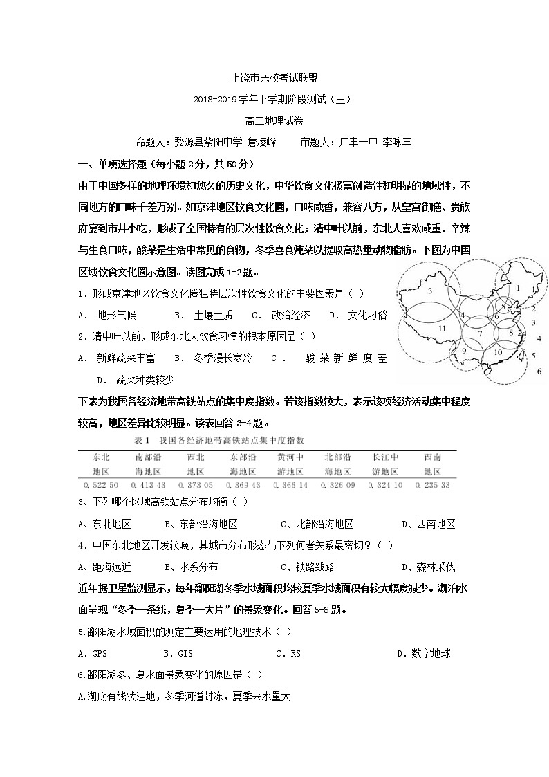 2018-2019学年江西省上饶市民校考试联盟高二下学期阶段测试（三）地理试题 Word版01