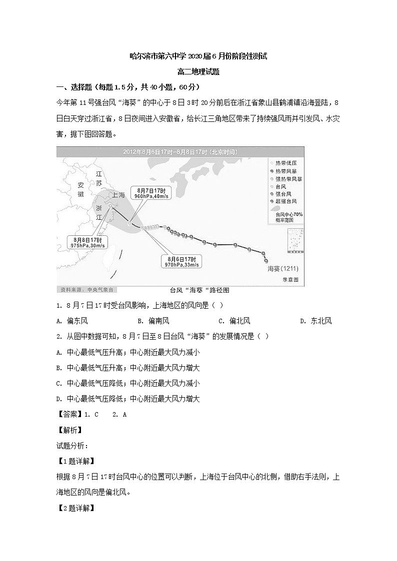 2018-2019学年黑龙江省哈尔滨市第六中学高二6月阶段性测试地理试题 解析版01