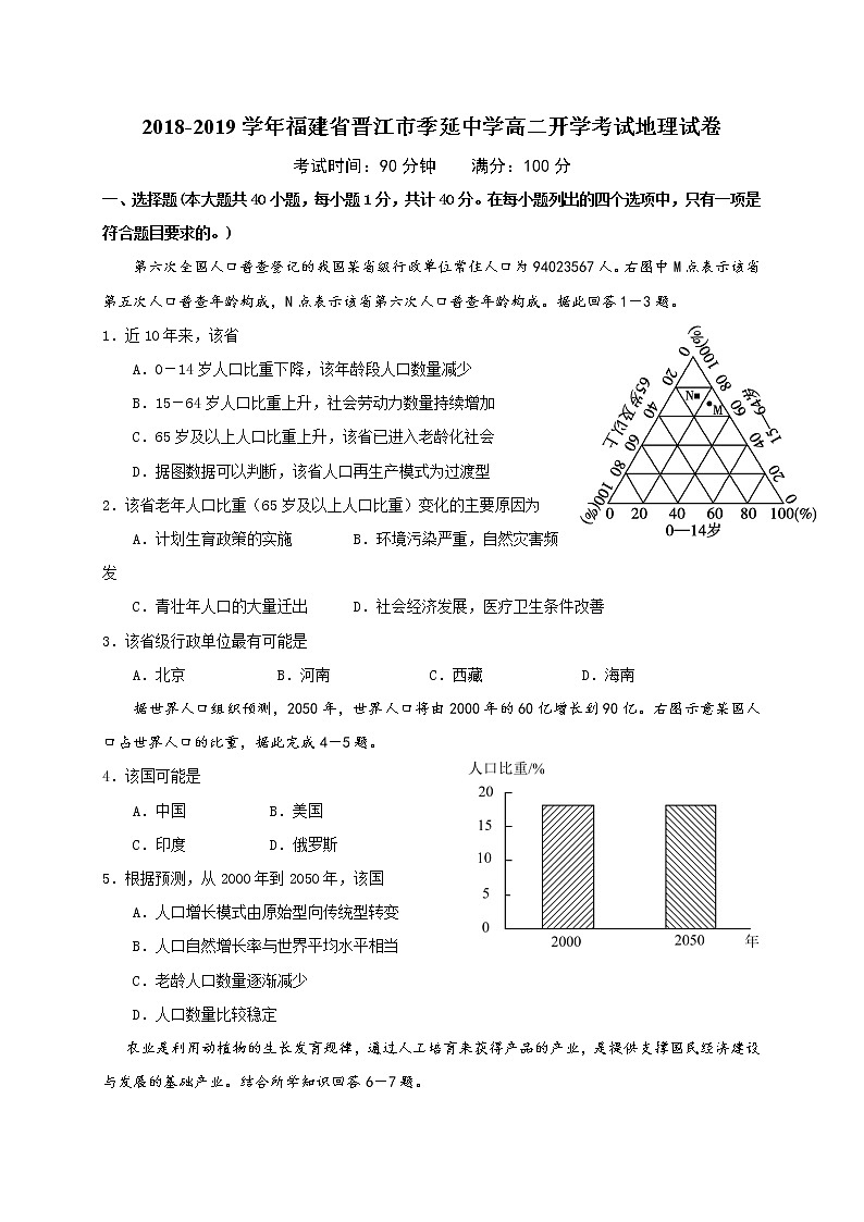 2018-2019学年福建省晋江市季延中学高二开学考试地理试题（Word版）01
