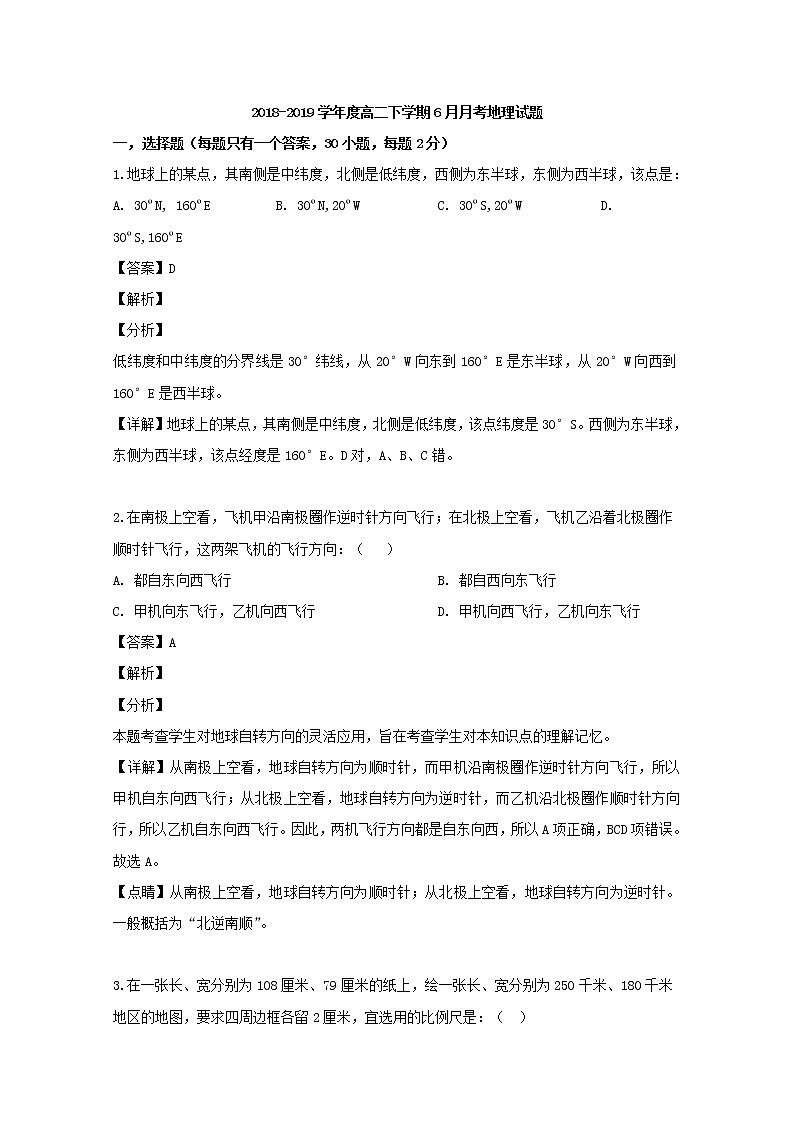 2018-2019学年广东省北京师范大学东莞石竹附属学校高二6月月考地理试题 解析版01