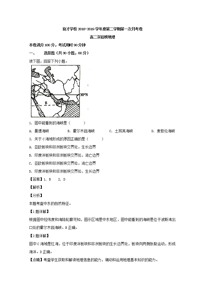 2018-2019学年安徽省滁州市定远县育才学校高二（实验班）下学期第一次月考地理试题 解析版01