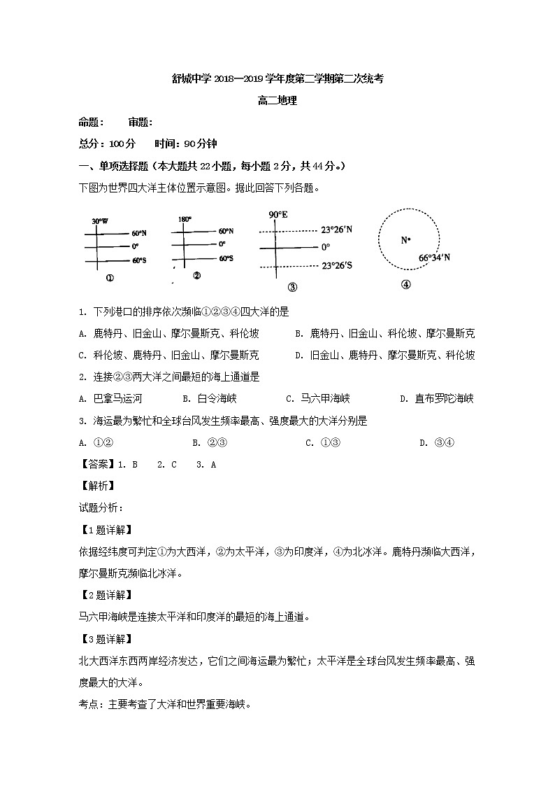 2018-2019学年安徽省六安市舒城中学高二下学期第二次月考地理试题 解析版01