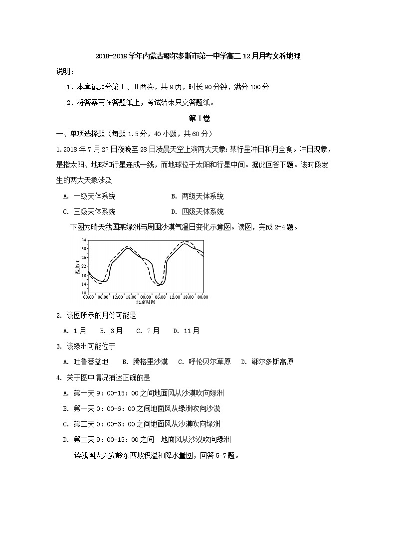 2018-2019学年内蒙古鄂尔多斯市第一中学高二12月月考地理（文）试题 Word版01