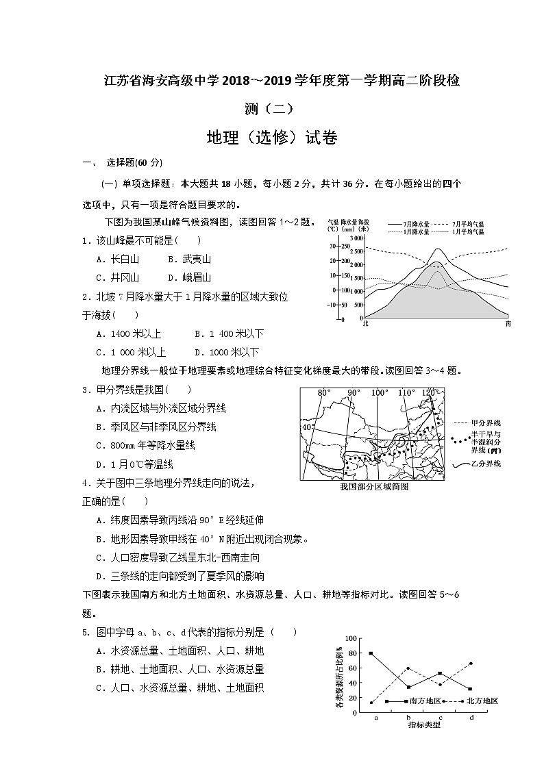 2018-2019学年江苏省海安高级中学高二上学期阶段测试（二）地理试题（选修） Word版第1页