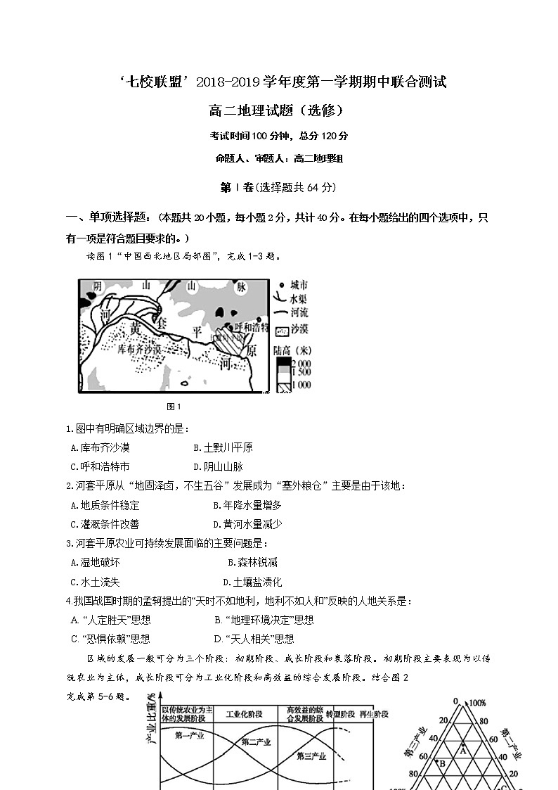 2018-2019学年江苏省七校联盟高二上学期期中联考地理试题（选修）（Word版）01