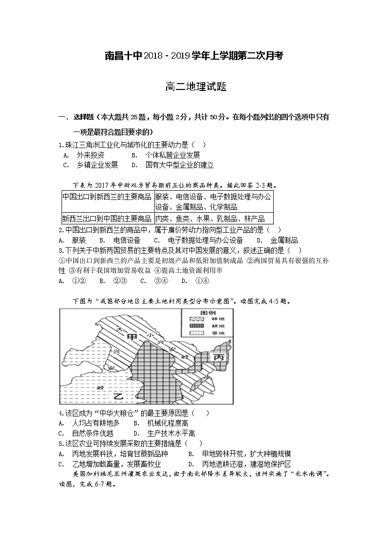 2018-2019学年江西省南昌市第十中学高二上学期第二次月考地理试题 Word版第1页